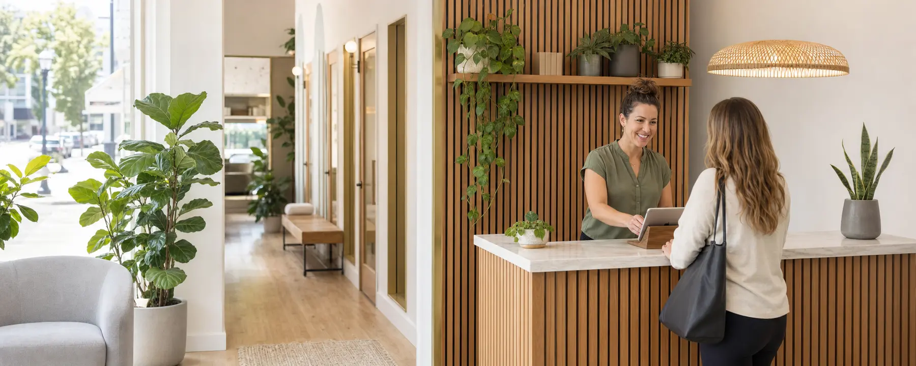 A Luma Wellness Studio team member welcoming a visitor at reception