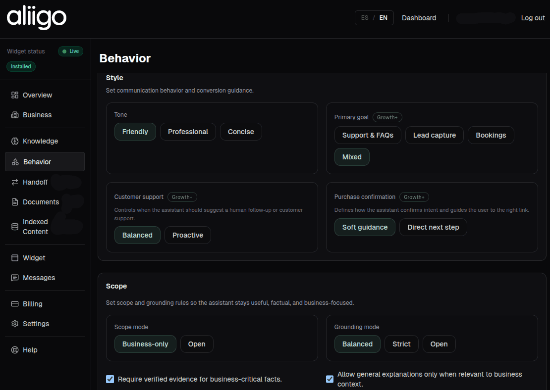 Aliigo dashboard behavior controls