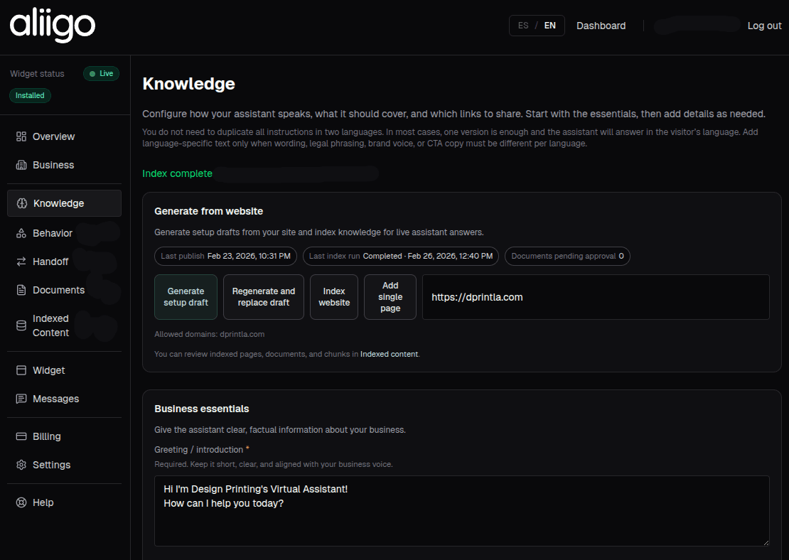 Aliigo dashboard one-click website generation