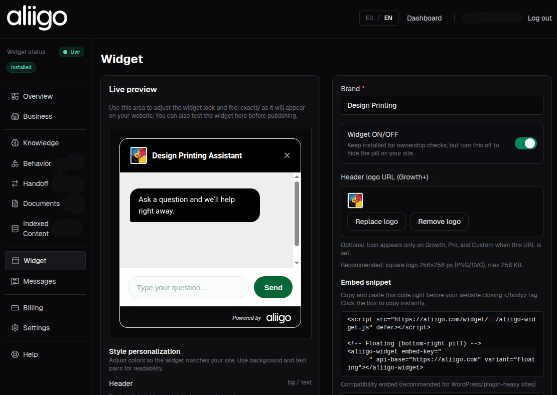 Aliigo dashboard widget setup and embed